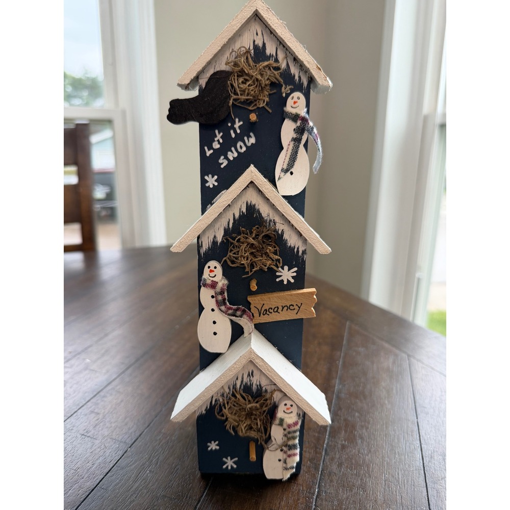 Rustic Wooden Snowman Birdhouse Tower Winter Decor Let It Snow 12 Inch Navy Blue
